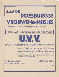 G13 Unie van Vrouwelijke Vrijwilligers Propaganda-avond Woensdag 20 februari Hotel Hof Gelria, Doesburg