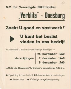 G42 N.V. De Vereenigde Blikfabrieken Verblifa, Doesburg Inlichtingen over vacatures Vrijdagen 25 november, 2 en 9 december 1960 Café De Harmonie, Didam