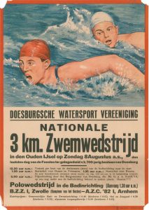 E12/N8 Doesburgse watersport Vereniging Nationale 3 km zwemwedstrijd en polowedstrijd, ter gelegenheid van Doesburg 700 jaar stad Zondag 8 augustus 1937 In de Oude IJssel en in badinrichting