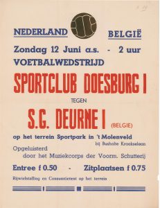 B34 Voetbalwedstrijd Nederland - België, Sportclub Doesburg 1 tegen S.G. Deurne 1 (België) Zondag 12 juni Terrein Sportpark in ’t Molenveld, Doesburg